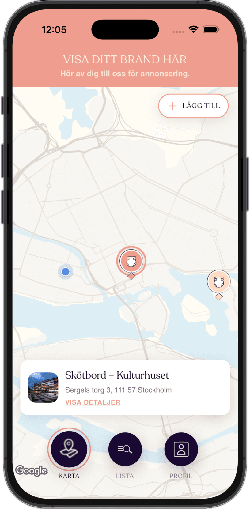 Berrytoo-app som visar en karta med skötbord och barnvänliga platser nära användaren